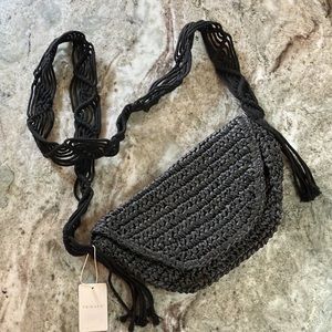 Raffia Macrame Shoulder Strap Crossbody Bag Black NWT